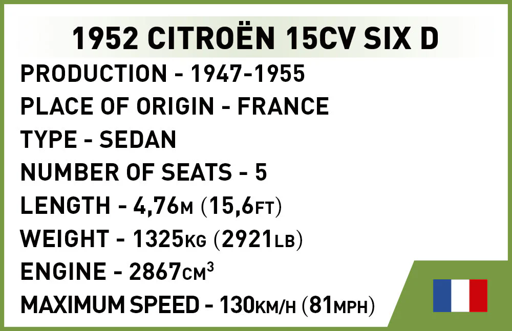 Citroen 15CV Six D brick car model - COBI 2267 - 262 bricks - Image 3
