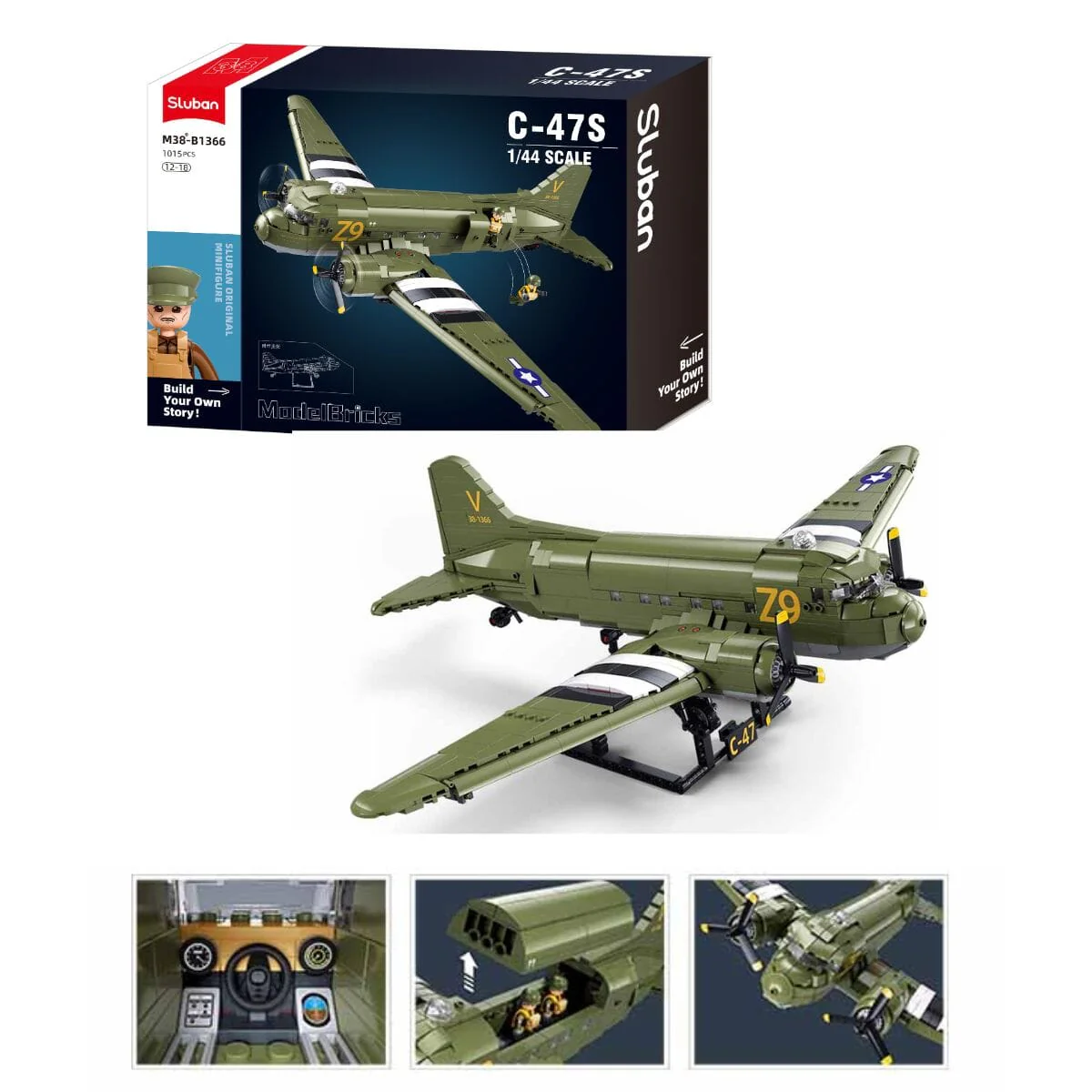 Douglas C-47S Skytrain (Dakota) brick plane model - Sluban M38-B1366 - 1015 bricks
