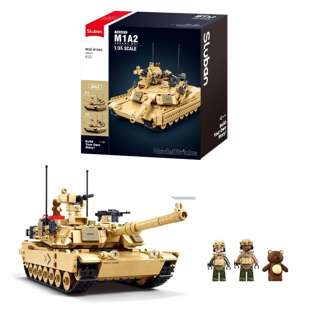 M1A2 Abrams (TUSK 2) brick tank model - Sluban M38-B1365 - 988 bricks