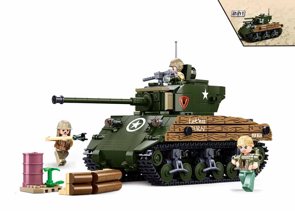 Sherman M4A3 (76W) brick tank model - Sluban M38-B1110 - 715 bricks
