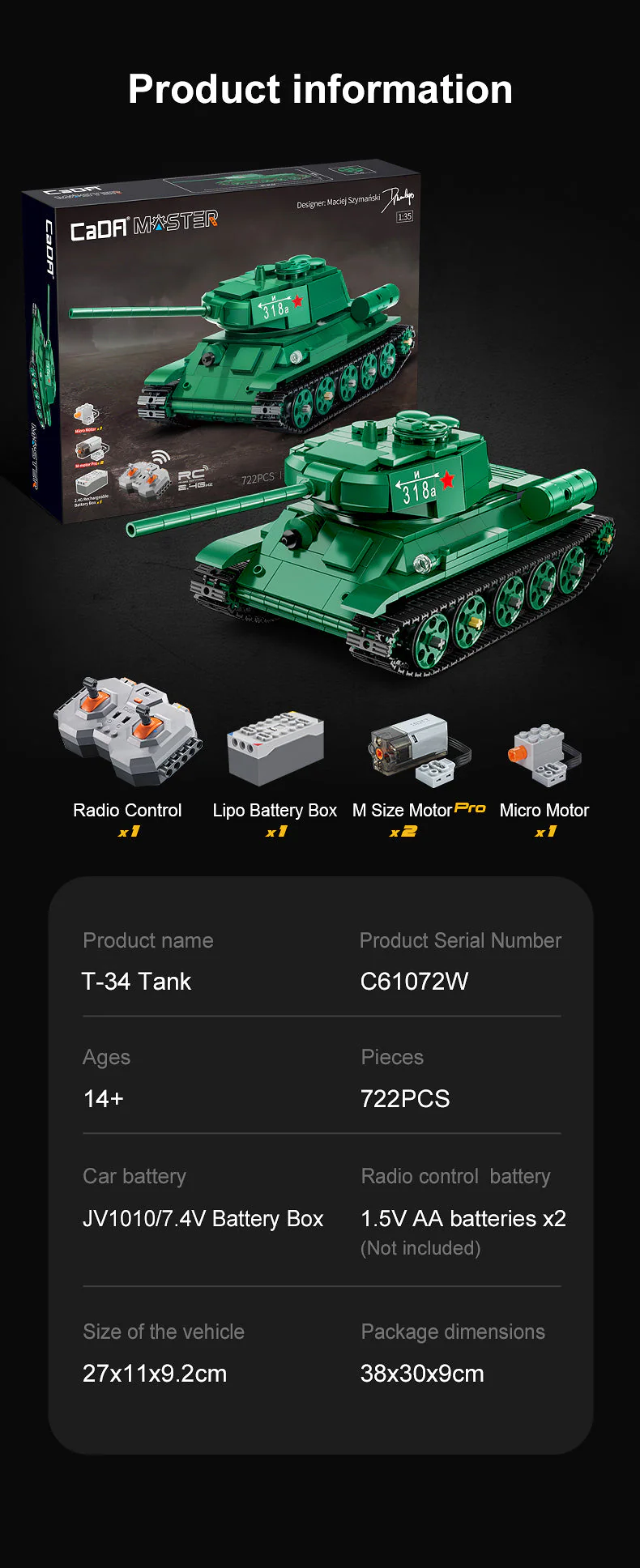 T34 Tank RC brick model kit - CADA C61072W - 722 bricks - Image 22